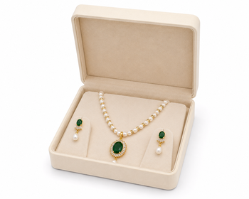 Pearl beaded necklace & earring set with emerald green pendant gold-tone accents, cz baguette halo, drop pearl earrings. 2