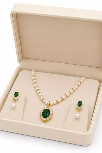 Pearl beaded necklace & earring set with emerald green pendant gold-tone accents, cz baguette halo, drop pearl earrings.
