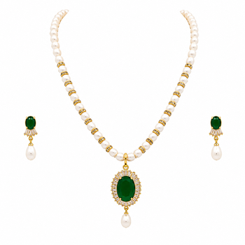 Pearl beaded necklace & earring set with emerald green pendant gold-tone accents, cz baguette halo, drop pearl earrings. 3