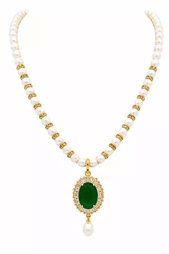 Pearl beaded necklace & earring set with emerald green pendant gold-tone accents, cz baguette halo, drop pearl earrings.