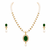 Pearl beaded necklace & earring set with emerald green pendant gold-tone accents, cz baguette halo, drop pearl earrings.