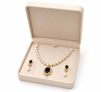 Pearl beaded necklace & earring set with black oval pendant gold-tone accents, cz baguette halo, drop earrings included. 2