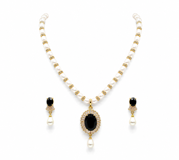 Pearl beaded necklace & earring set with black oval pendant gold-tone accents, cz baguette halo, drop earrings included. 3