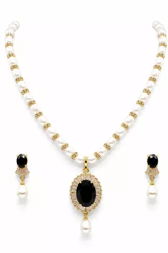 Pearl beaded necklace & earring set with black oval pendant gold-tone accents, cz baguette halo, drop earrings included.