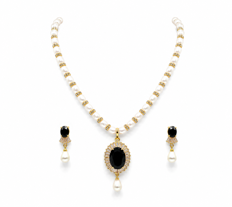 Pearl beaded necklace & earring set with black oval pendant gold-tone accents, cz baguette halo, drop earrings included.