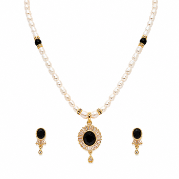Pearl beaded necklace and earrings set with black stone pendant gold-tone finish, cz baguette accents, drop earrings. 3