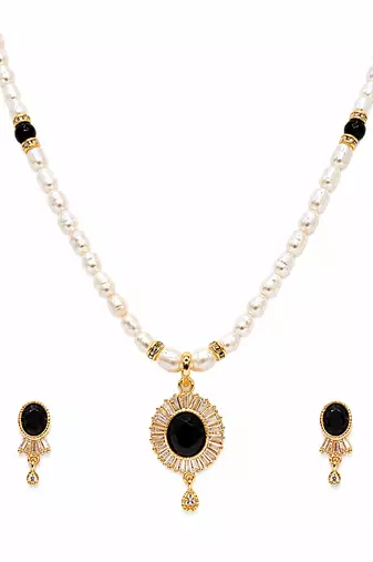 Pearl beaded necklace and earrings set with black stone pendant gold-tone finish, cz baguette accents, drop earrings.