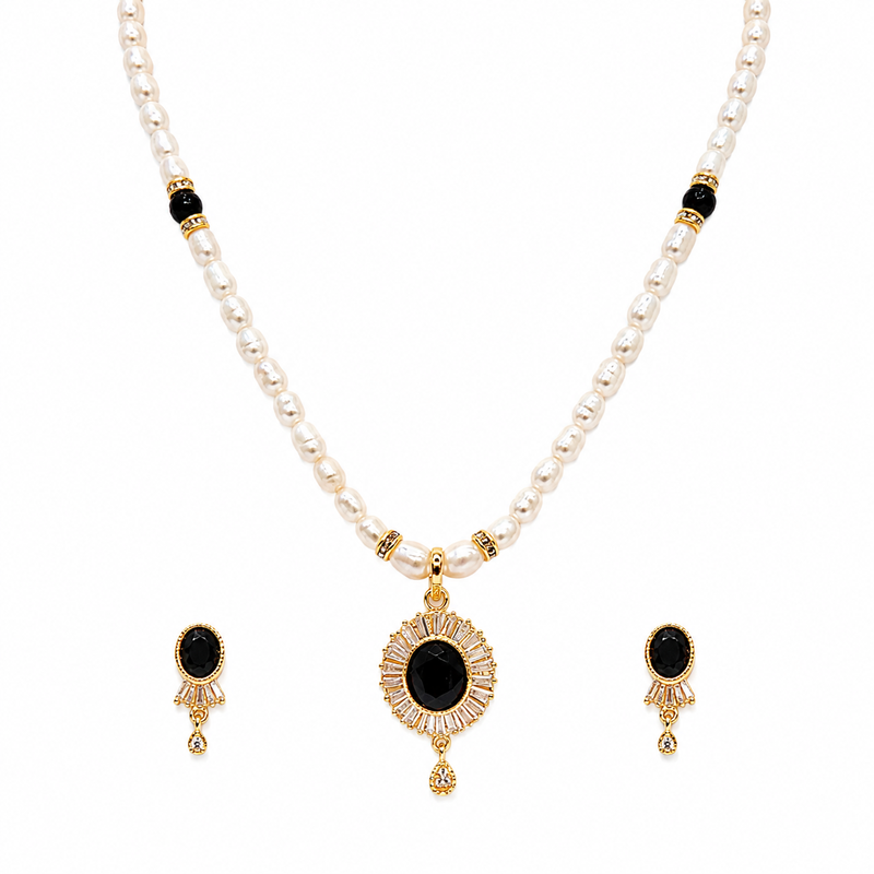 Pearl beaded necklace and earrings set with black stone pendant gold-tone finish, cz baguette accents, drop earrings.