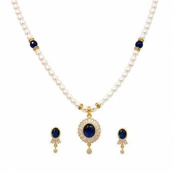 Pearl necklace and earring set with blue sapphire pendant gold-tone finish, cz baguette halo, blue stone accents. 3