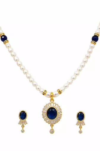 Pearl necklace and earring set with blue sapphire pendant gold-tone finish, cz baguette halo, blue stone accents.