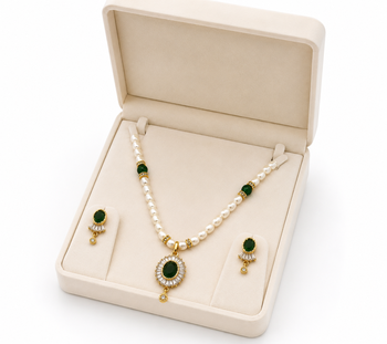 Pearl beaded necklace & earrings set with green stone pendant gold-tone setting, oval green stone, cz baguette accents. 2