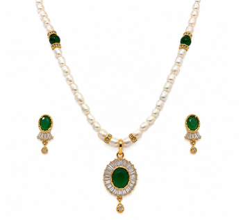 Pearl beaded necklace & earrings set with green stone pendant gold-tone setting, oval green stone, cz baguette accents. 3