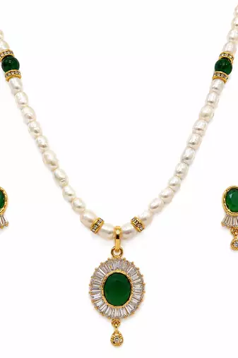Pearl beaded necklace & earrings set with green stone pendant gold-tone setting, oval green stone, cz baguette accents.