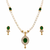 Pearl beaded necklace & earrings set with green stone pendant gold-tone setting, oval green stone, cz baguette accents.