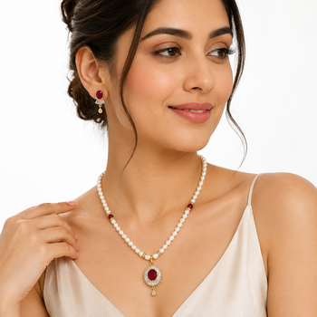 Pearl necklace and earrings set with ruby pendant, gold tone freshwater pearls, cz baguette halo, matching earrings. 1