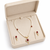 Pearl necklace and earrings set with ruby pendant, gold tone freshwater pearls, cz baguette halo, matching earrings.