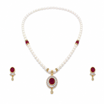 Pearl necklace and earrings set with ruby pendant, gold tone freshwater pearls, cz baguette halo, matching earrings. 3