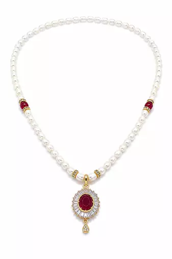 Pearl necklace and earrings set with ruby pendant, gold tone freshwater pearls, cz baguette halo, matching earrings.