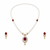 Pearl necklace and earrings set with ruby pendant, gold tone freshwater pearls, cz baguette halo, matching earrings.