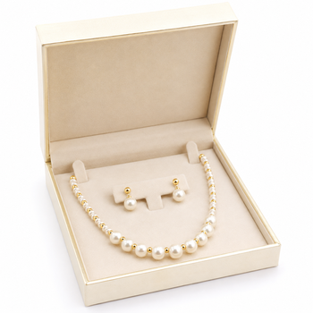 Pearl and gold bead necklace & earrings jewellery set includes earrings, white pearls, gold-tone beads,graduated design. 2