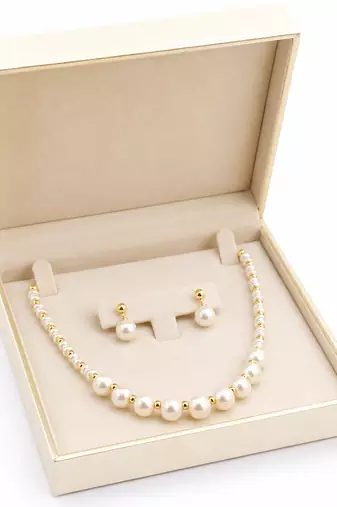Pearl and gold bead necklace & earrings jewellery set includes earrings, white pearls, gold-tone beads,graduated design.