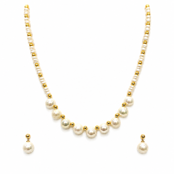 Pearl and gold bead necklace & earrings jewellery set includes earrings, white pearls, gold-tone beads,graduated design. 3