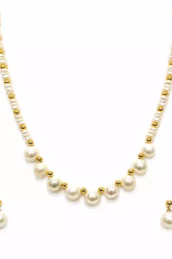 Pearl and gold bead necklace & earrings jewellery set includes earrings, white pearls, gold-tone beads,graduated design.