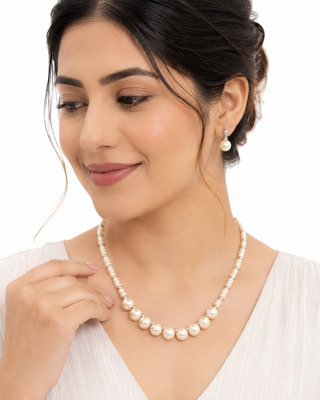 Pearl necklace and earrings jewellery set with silver beads graduated pearl design, drop earrings included, white pearl. 1