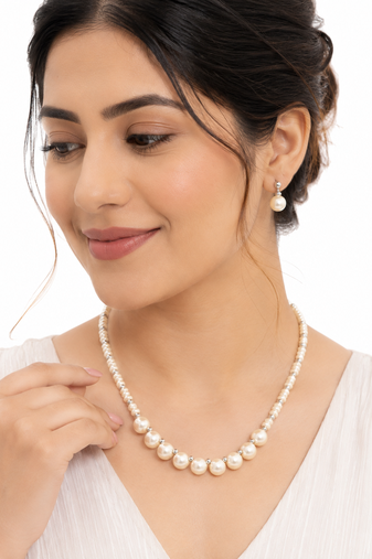 Pearl necklace and earrings jewellery set with silver beads graduated pearl design, drop earrings included, white pearl.