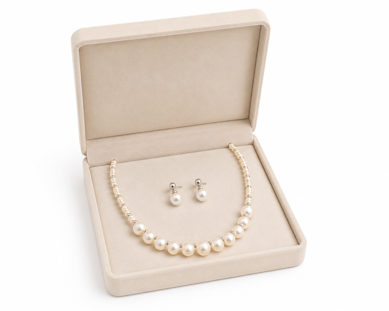 Pearl necklace and earrings jewellery set with silver beads graduated pearl design, drop earrings included, white pearl.