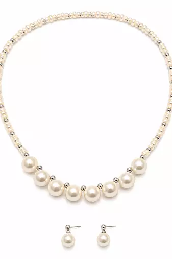 Pearl necklace and earrings jewellery set with silver beads graduated pearl design, drop earrings included, white pearl.