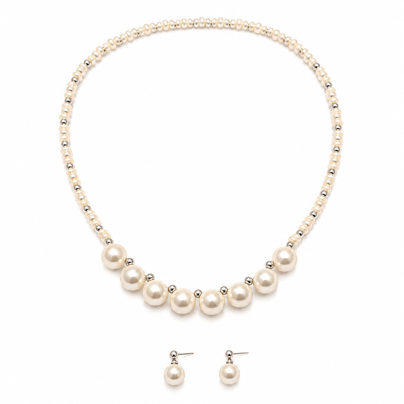 Pearl necklace and earrings jewellery set with silver beads graduated pearl design, drop earrings included, white pearl.