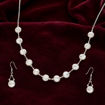 Pearl necklace & earrings jewellery set, white silver-tone coin pearl design, drop earrings, chain necklace, 2-piece set 1