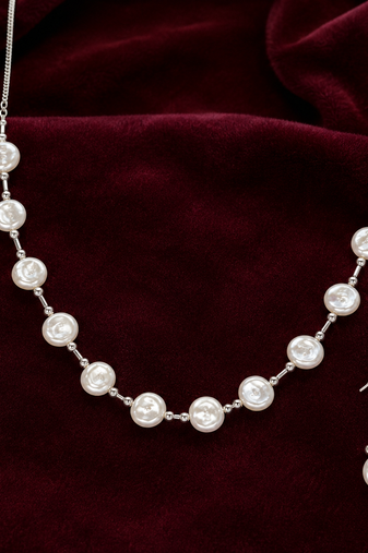 Pearl necklace & earrings jewellery set, white silver-tone coin pearl design, drop earrings, chain necklace, 2-piece set