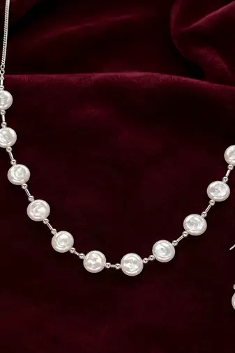Pearl necklace & earrings jewellery set, white silver-tone coin pearl design, drop earrings, chain necklace, 2-piece set