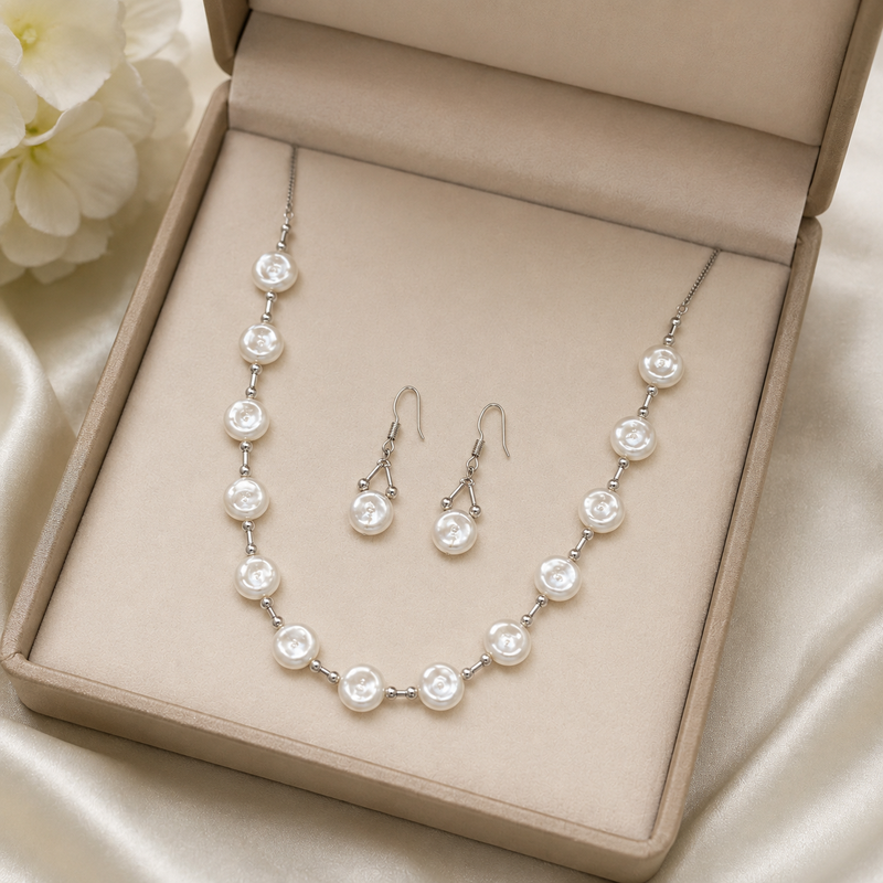 Pearl necklace & earrings jewellery set, white silver-tone coin pearl design, drop earrings, chain necklace, 2-piece set