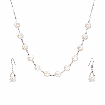 Pearl necklace & earrings jewellery set, white silver-tone coin pearl design, drop earrings, chain necklace, 2-piece set 3