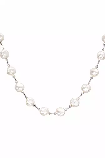Pearl necklace & earrings jewellery set, white silver-tone coin pearl design, drop earrings, chain necklace, 2-piece set