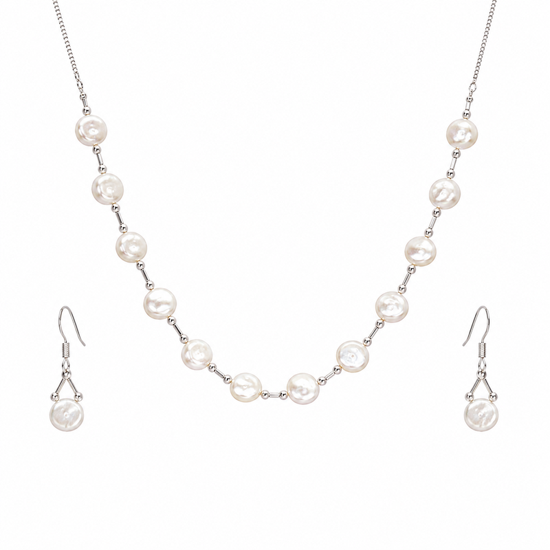 Pearl necklace & earrings jewellery set, white silver-tone coin pearl design, drop earrings, chain necklace, 2-piece set