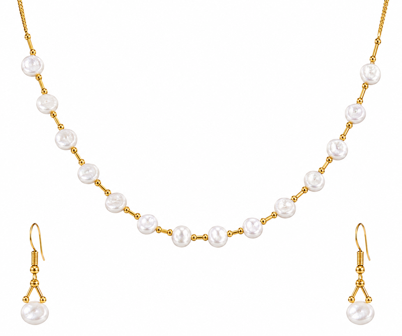 Pearl necklace and earrings jewellery set with silver and gold chain necklace with earrings, silver & gold tone.