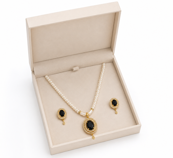 Pearl strand necklace set with black oval pendant and earrings cz stone accents, gold-tone setting, matching earrings. 2