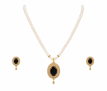 Pearl strand necklace set with black oval pendant and earrings cz stone accents, gold-tone setting, matching earrings. 3