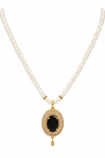 Pearl strand necklace set with black oval pendant and earrings cz stone accents, gold-tone setting, matching earrings.