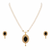 Pearl strand necklace set with black oval pendant and earrings cz stone accents, gold-tone setting, matching earrings.