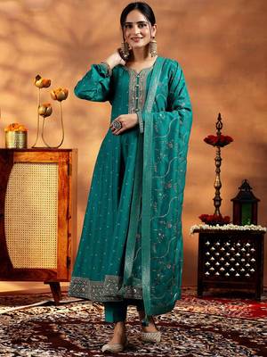 Sea Green Silk Blend Sequin Embroidered Anarkali Kurta With Trousers & Dupatta 1
