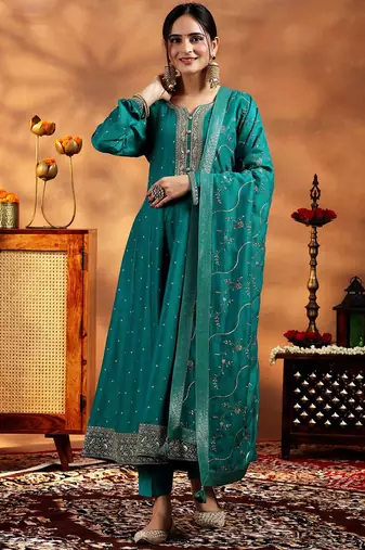 Sea Green Silk Blend Sequin Embroidered Anarkali Kurta With Trousers & Dupatta