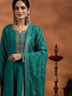 Sea Green Silk Blend Sequin Embroidered Anarkali Kurta With Trousers & Dupatta 2