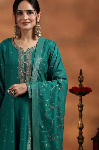 Sea Green Silk Blend Sequin Embroidered Anarkali Kurta With Trousers & Dupatta