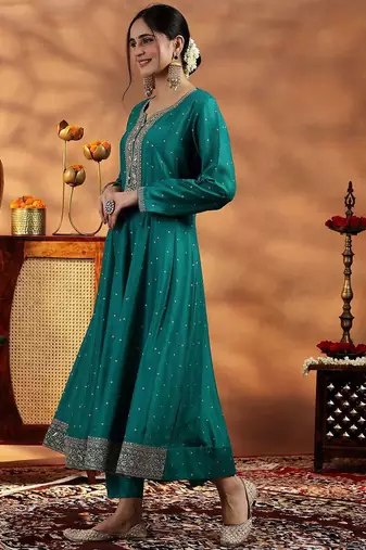 Sea Green Silk Blend Sequin Embroidered Anarkali Kurta With Trousers & Dupatta