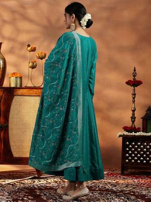 Sea Green Silk Blend Sequin Embroidered Anarkali Kurta With Trousers & Dupatta 4